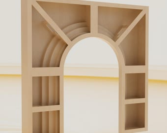 May include: A light-coloured wooden arched shelving unit featuring a central curved opening flanked by two vertical columns of square storage compartments. The structure includes diagonal support beams and tiered interior moulding details.