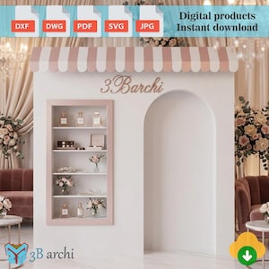 Peut inclure: Un mur blanc avec un auvent à rayures roses et blanches, une porte arquée et une vitrine. La vitrine contient des flacons de parfum, des bijoux et des fleurs. Le texte "3Barchi" est au-dessus de la vitrine. Le texte "Digital products Instant download" est en haut.