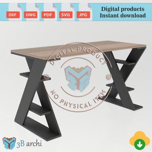 May include: Digital download of a 3D model for a desk with a wood top and black metal legs. The desk has a unique X-shaped design with three shelves. The model is for personal use only and does not include any physical items.