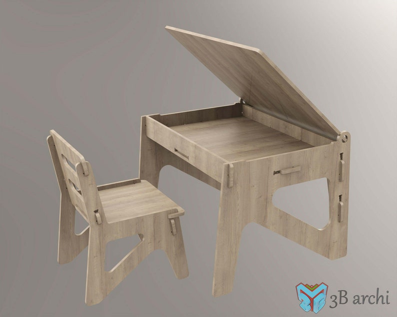 Kids Desk With Storage and Chair, Wood Study Desk for Children, dxf, SVG files, CNC Plans for a plywood kids desk, Set of Table and Chair image 5