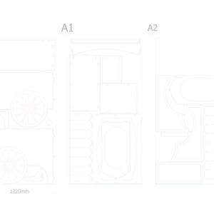 May include: A detailed technical drawing of a large structure, likely a piece of furniture or a display unit. The drawing includes dimensions: 2440mm high and 1220mm wide. The design is divided into three sections, labeled A1, A2, and A3.