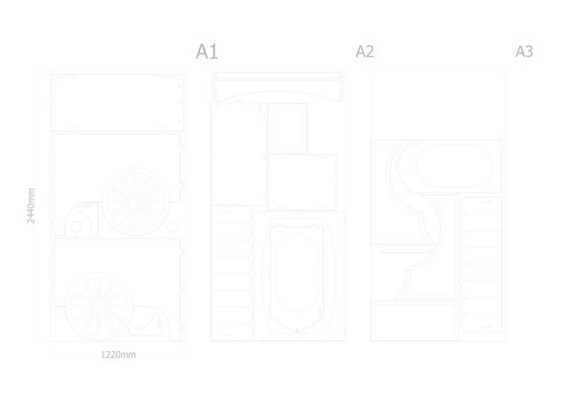 May include: A detailed technical drawing of a large structure, likely a piece of furniture or a display unit. The drawing includes dimensions: 2440mm high and 1220mm wide. The design is divided into three sections, labeled A1, A2, and A3.