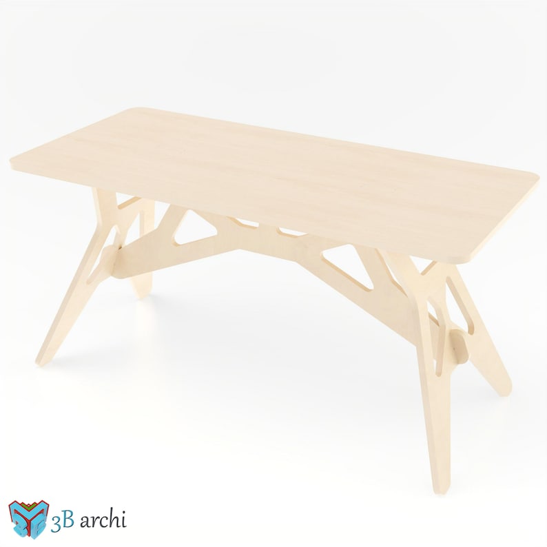 Pode incluir: Uma mesa de madeira clara com uma base geom&eacute;trica de estrutura aberta. A superf&iacute;cie da mesa &eacute; retangular e a base &eacute; feita de madeira compensada.