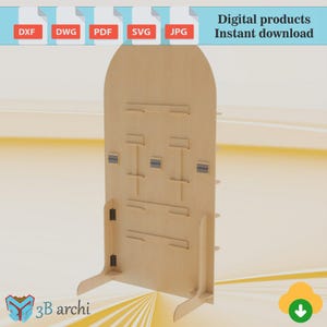 Puede incluir: Un expositor de madera de color claro con múltiples estantes y recortes. El soporte tiene una parte superior curva y una base con dos patas de soporte. La imagen incluye el texto "Productos digitales Descarga instantánea" e iconos de tipo de archivo.