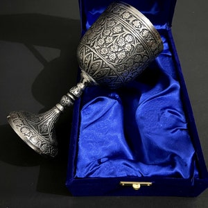 Silver Antique Brass Chalice Goblet For Communion Cup Handmade Brass Embossed Wine Chalice Gift For Wedding, Anniversary, Christmas