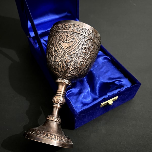 Handmade Brass Chalice Goblet For Communion Cup With Box Copper Antique Brass Embossed Wine Chalice Goblet