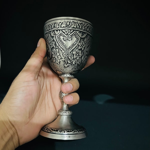 Handmade Engraved Brass Chalice: Antique Silver Finish, 6 Inch
