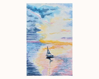 May include: Watercolour painting of a sailboat on a calm sea at sunset. The sky is a mix of blue, yellow, and pink, with clouds reflected in the water.