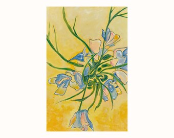Akrylmålning med blå blommor: Expressionistiskt stillebenkonstverk