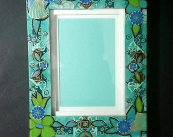 Decoupaged 5x7 blue and green tabletop/wall photo frame; matted to 4x6