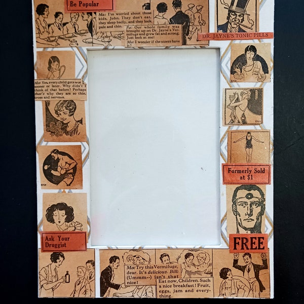 Decoupaged vintage 1930s comic ad picture/photo frame