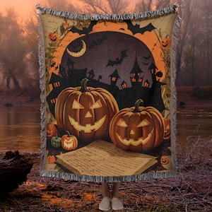 Retro Halloween Blanket, Woven Wall Hanging Tapestry Blanket, Spooky Pumpkin Throw Blanket Couch, Goth Witchy Room Decor, Halloween Decor