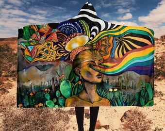 Manta psicodélica con capucha, manta psicodélica para llevar puesta, manta psicodélica con capucha de sherpa y vellón, manta psicodélica para festivales y fiestas