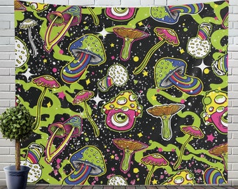 May include: A psychedelic tapestry featuring a repeating pattern of colorful mushrooms with glowing eyes and stars on a black background.