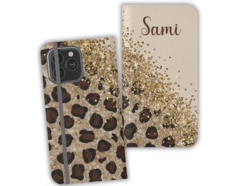 Trendy Phone Case with Built in Stand, Leopard Print Aesthetic Phone Case, Vegan Leather Wallet Case, Brown Phone Case, Galaxy S22 Case