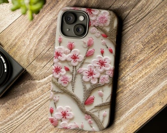 Japanese Cherry Blossom Faux Embroidery Phone Case, Cute Sakura Cherry Blossom Phone Case for iPhone, Samsung, Google Pixel, Gift for Mom