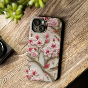 Japanese Cherry Blossom Faux Embroidery Phone Case, Cute Sakura Cherry Blossom Phone Case for iPhone, Samsung, Google Pixel, Gift for Mom