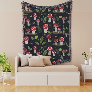 Cottagecore Mushroom Woven Tapestry Blanket, Woven Wall Hanging Tapestry, Mushroom Throw Blanket Couch & Picnic Blanket, Mushroom Decor