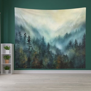 Foggy Forest Tapestry, Mountain Landscape Tapestry, Nature Tapestry, Livingroom Wall Art, Large Wall Tapestry, Forestcore Green Wall Decor