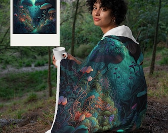Fairycore Enchanted Forest Hooded Blanket, Mushroom Sherpa Blanket Hoodie, Oversize Sherpa Hoodie Blanket, Cottagecore Fleece Blanket Hoodie