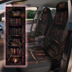 May include: Car seat covers featuring a detailed design of a bookshelf filled with antique books. The design includes climbing vines, red roses, and a lit candle. The covers are dark with a vintage, gothic aesthetic.