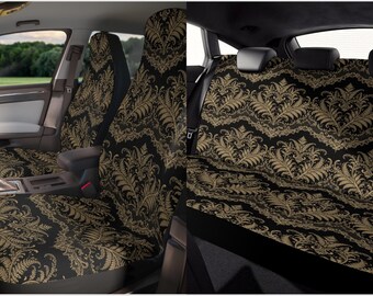 Juego de fundas para asientos y volante de coche estilo gótico botánico oscuro en negro y dorado, decoración floral vintage para coche, decoración Whimsigoth.