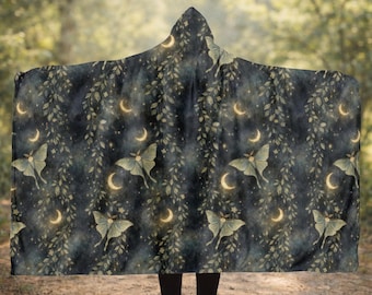 Whimsigoth Luna Moth Hooded Blanket, Celestial Moth Wearable Blanket or Poncho, Witchy Sherpa Fleece Blanket, Dark Cottagecore Witchy Gifts