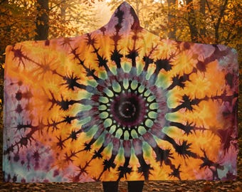 Tie Dye Hooded Blanket, Boho Mandala Wearable Blanket, Hippie Tie Dye Hooded Blanket or Poncho, Colorful Festival Blanket, Bohemian Gift