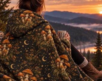 Dark Cottagecore Mushroom Blanket Hoodie, Woodland Blanket Hoodie or Poncho, Enchanted Forest Witchy Gift