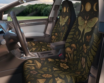 Cottagecore Luna Moth & Moon Phase Car Seat Covers, Dark Cottagecore Whimsigoth Aesthetic Car Seat Cover Set, Boho Botanical Car Accessories
