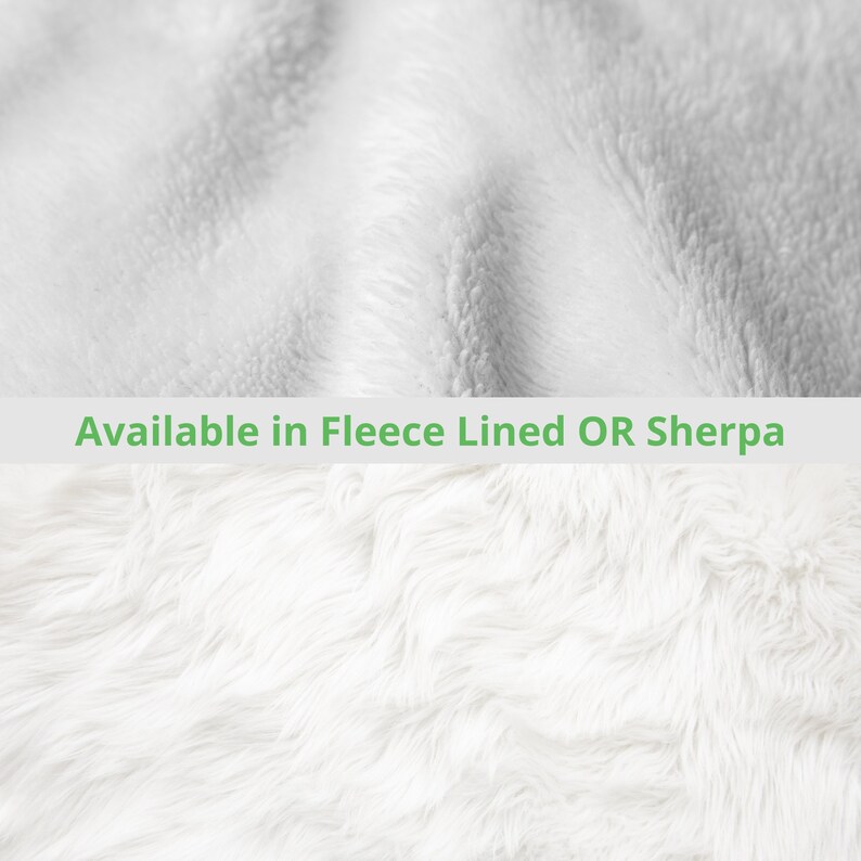 May include: Close-up of two white, textured fabrics. The top fabric is a smooth fleece, and the bottom fabric is a fluffy sherpa. The text "Available in Fleece Lined OR Sherpa" is displayed in a green banner across the middle of the image.