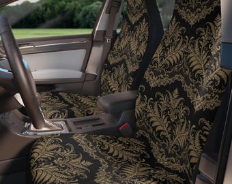 Dark Botanical Black and Gold Gothic Car Seat Covers & Steering Wheel Cover Set, Vintage Victorian Style Floral Car Decor, Whimsigoth Decor