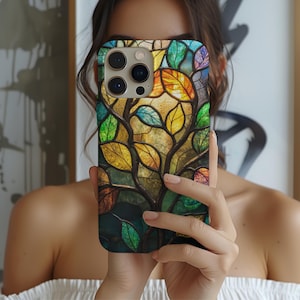 Whimsical Stained Glass Tree Phone Case, Aesthetic Leaf Mosaic Phone Case for iPhone, Samsung Galaxy, Google Pixel, Aesthetic Phone Case