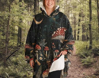 Dark Cottagecore Mushroom Blanket Hoodie, Witchy Aesthetic Hooded Blanket-Oversized Sherpa Hoodie Blanket, Mushroom Gifts for Mushroom Lover