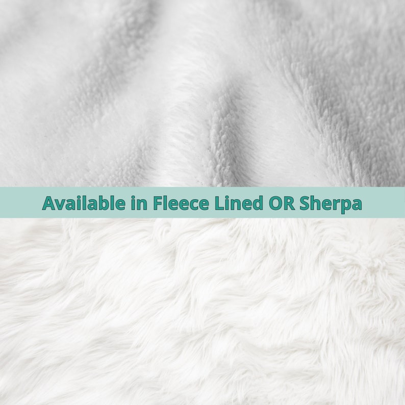 May include: Close-up of two white, fluffy textures. The top texture is a fleece-like material, while the bottom is a longer, shaggier sherpa fabric. Text across the middle reads "Available in Fleece Lined OR Sherpa."