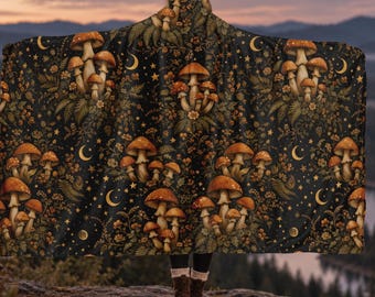 Dark Cottagecore Mushroom Blanket Hoodie, Woodland Blanket Hoodie or Poncho, Enchanted Forest Witchy Gift
