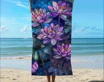 Stained Glass Aesthetic Water Lily Beach Towel, Artistic Mosaic Lotus Beach Towel, Cottagecore Botanical Print Beach Towel, Cute Beach Towel