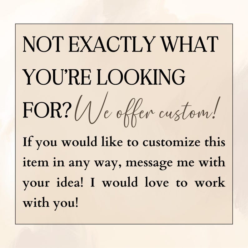 Puede incluir: Gr&aacute;fico de texto con las palabras "NOT EXACTLY WHAT YOU'RE LOOKING FOR? We offer custom!"  Si desea personalizar este art&iacute;culo de alguna manera, env&iacute;eme un mensaje con su idea. &iexcl;Me encantar&iacute;a trabajar con usted!"