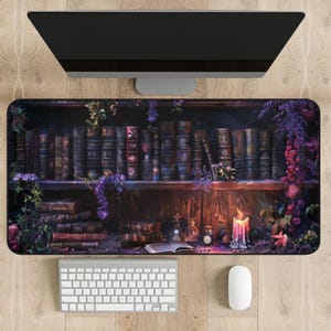 Dark Academia Enchanted Bookshelf Desk Mat, Bookish Cottagecore Witch Cubicle & Desk Decor, Witchy Whimsigoth Desk Accessories, Witchy Gifts