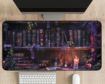 Dark Academia Enchanted Bookshelf Desk Mat, Bookish Cottagecore Witch Cubicle & Desk Decor, Witchy Whimsigoth Desk Accessories, Witchy Gifts