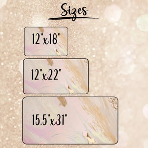 May include: Image featuring three rectangular signs with dimensions of 12"x18", 12"x22", and 15.5"x31". The signs have a pastel color scheme with gold accents. The word "Sizes" is written in cursive at the top.