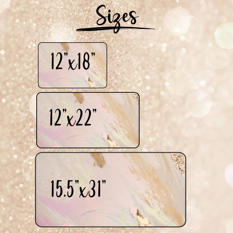 May include: Image featuring three rectangular signs with dimensions of 12"x18", 12"x22", and 15.5"x31". The signs have a pastel color scheme with gold accents. The word "Sizes" is written in cursive at the top.