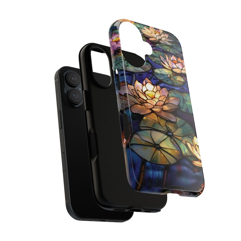 May include: A black phone case with a stained glass design of water lilies in shades of blue, green, and yellow.