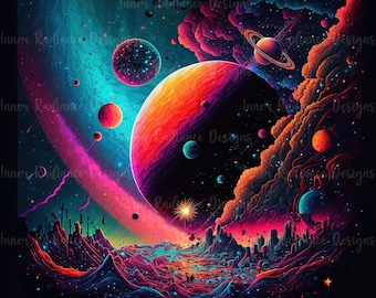 May include: A digital art print featuring a vibrant, colorful, and abstract depiction of a galaxy with planets, stars, and nebulae. The colors are a mix of pink, blue, purple, orange, and yellow. The print has a futuristic and psychedelic aesthetic.