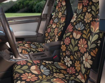 Boho Floral Car Seat Covers Set, Retro Groovy Car Accessories, Vintage Cottagecore Car Decor, Front & Back Seat Covers, Steering Wheel Cover