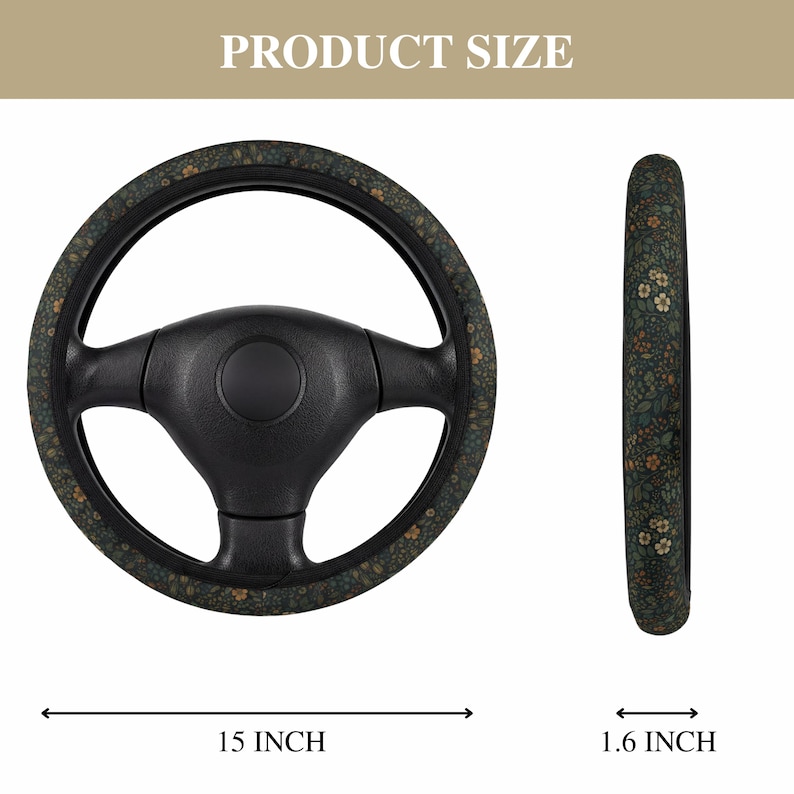May include: A black steering wheel with a floral pattern cover. The cover features a dark green background with small, light-colored flowers. The steering wheel is 15 inches in diameter and 1.6 inches wide.