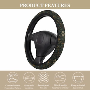 May include: A black steering wheel with a floral pattern cover. The cover features a dark green background with small yellow and white flowers. The image includes text that reads "Product Features" and icons describing the product's features.