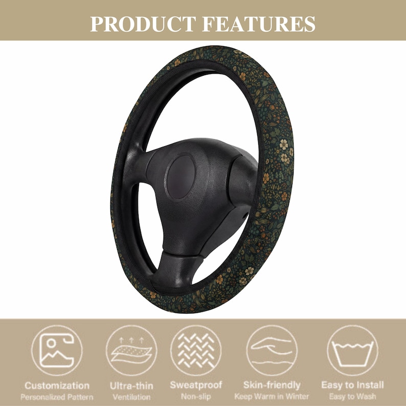 May include: A black steering wheel with a floral pattern cover. The cover features a dark green background with small yellow and white flowers. The image includes text that reads "Product Features" and icons describing the product's features.