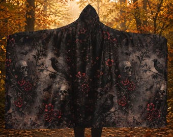 Dark Cottagecore Raven Art Wearable Hooded Blanket or Poncho, Witchy Sherpa Fleece Blanket, Dark Academia Witchy Gifts