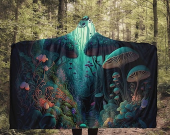 Fairycore Enchanted Forest Wearable Hooded Blanket, Cottagecore Mushroom Sherpa Blanket Hoodie, Botanical Fleece Wearable Cloak Hoodie